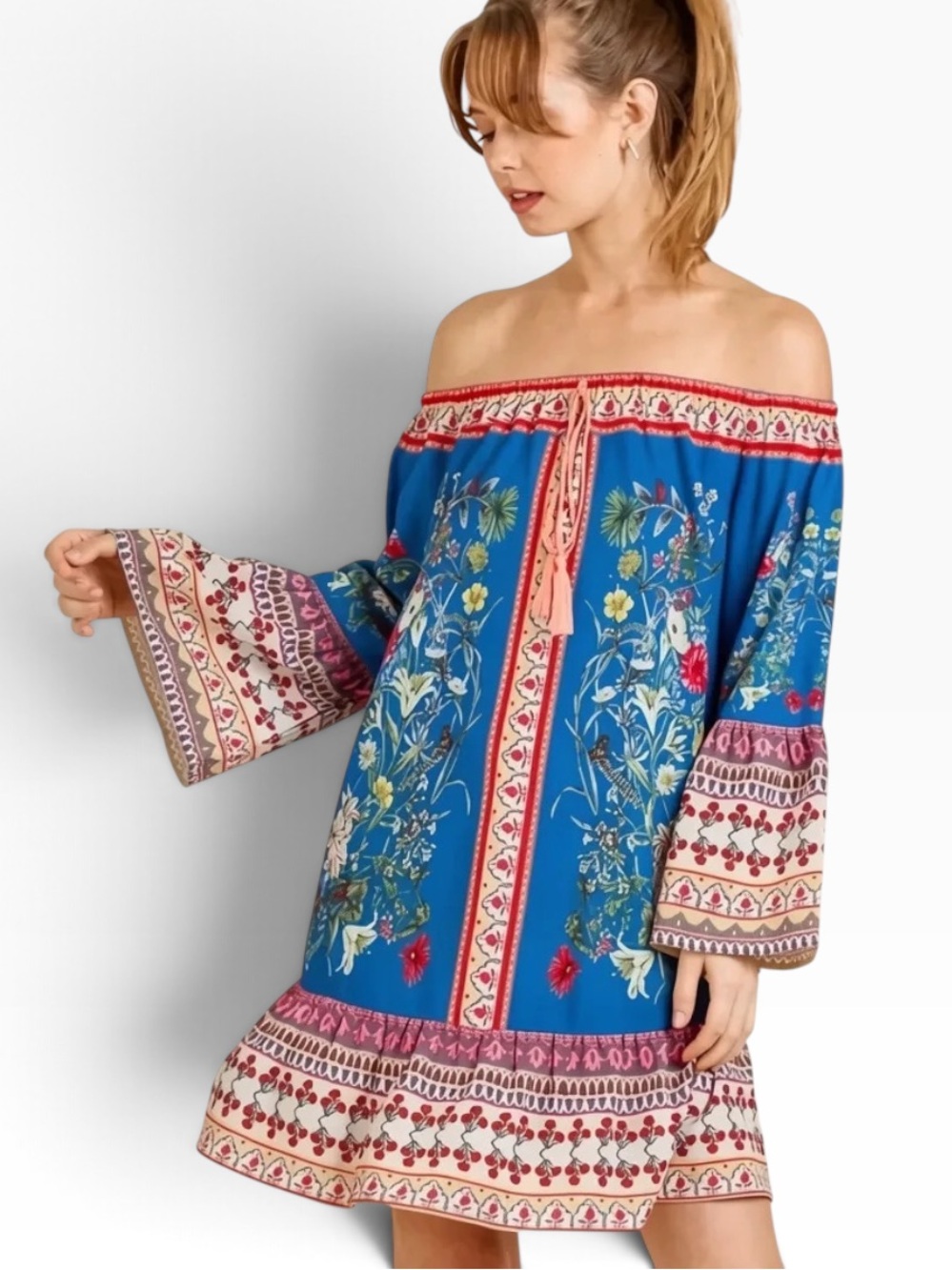 Umgee Off The Shoulder Bell Sleeve Boho Floral Dress Size Small